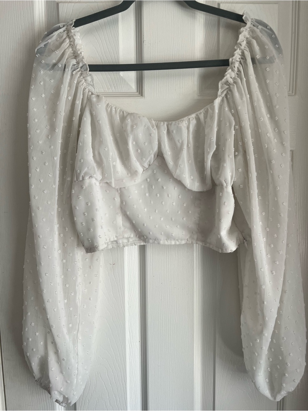 SHEIN White Swiss Dot Puff Sleeve Off-Shoulder Crop Top